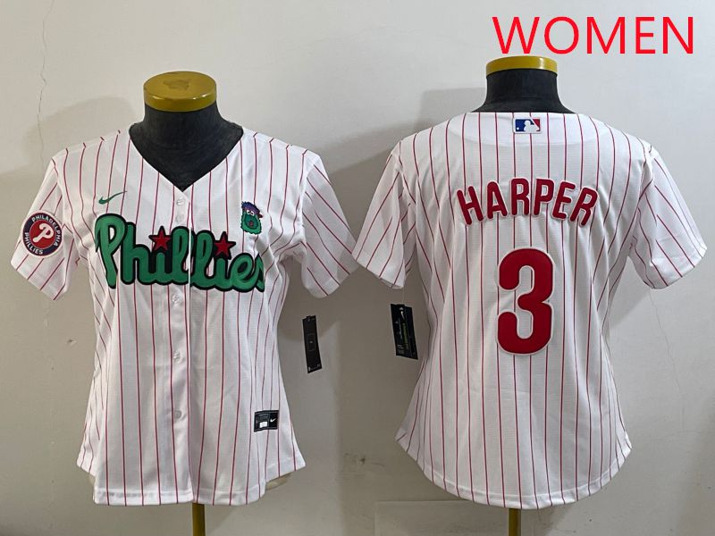 Women Philadelphia Phillies #3 Harper White Stripe Second generation joint name 2025 Nike MLB Jersey style 5->women mlb jersey->Women Jersey